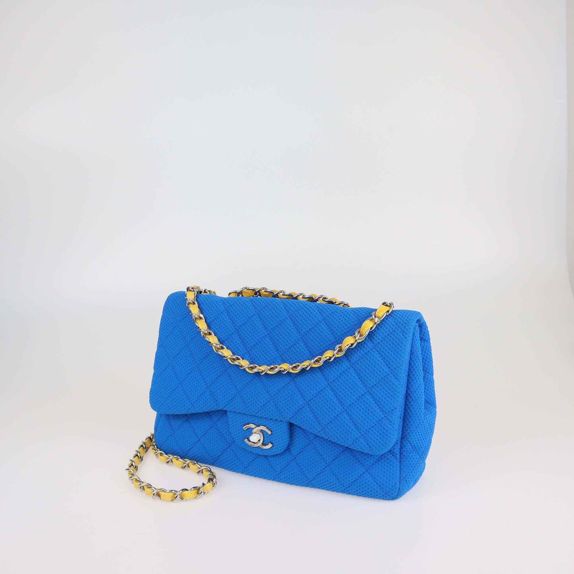 Chanel Blue/Yellow Blue Quilted Perforated Jersey Jumbo Classic Single Flap Bag Womens Chanel 