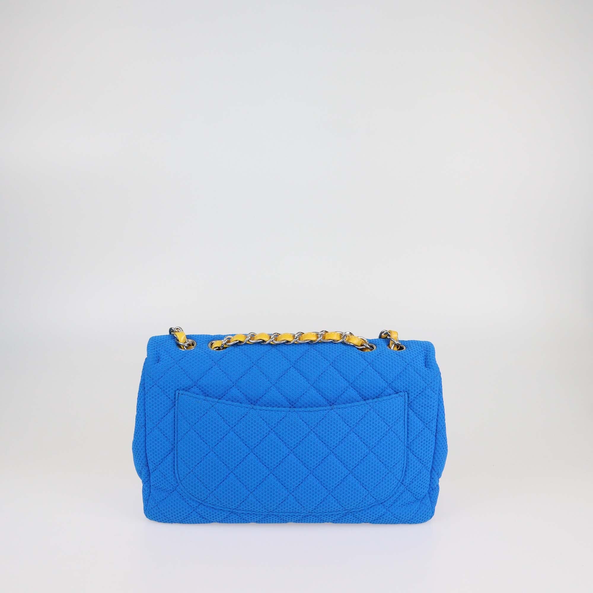 Chanel Blue/Yellow Blue Quilted Perforated Jersey Jumbo Classic Single Flap Bag Womens Chanel 