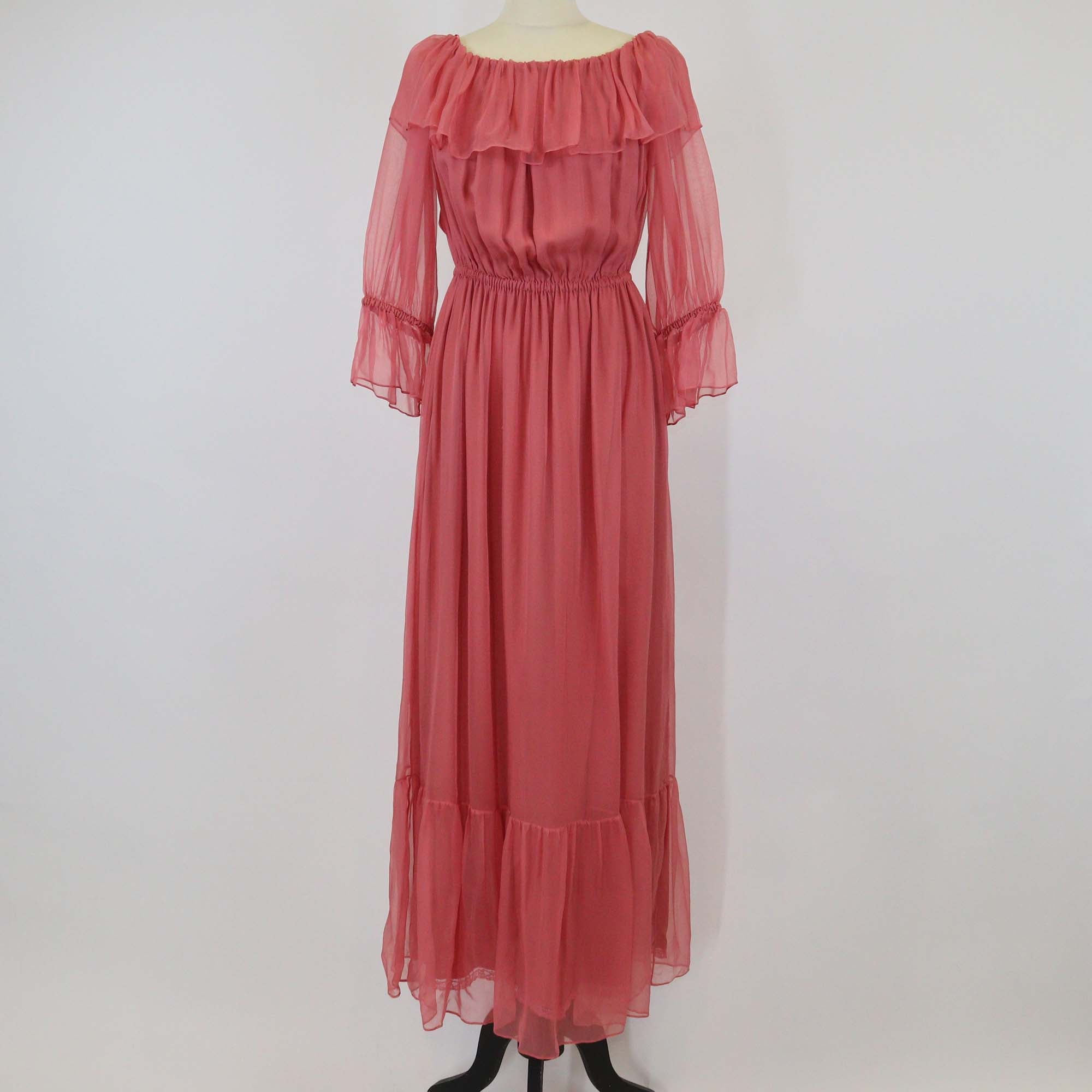 Gucci Tulip Pink Silk Chiffon Off Shoulder Maxi Dress