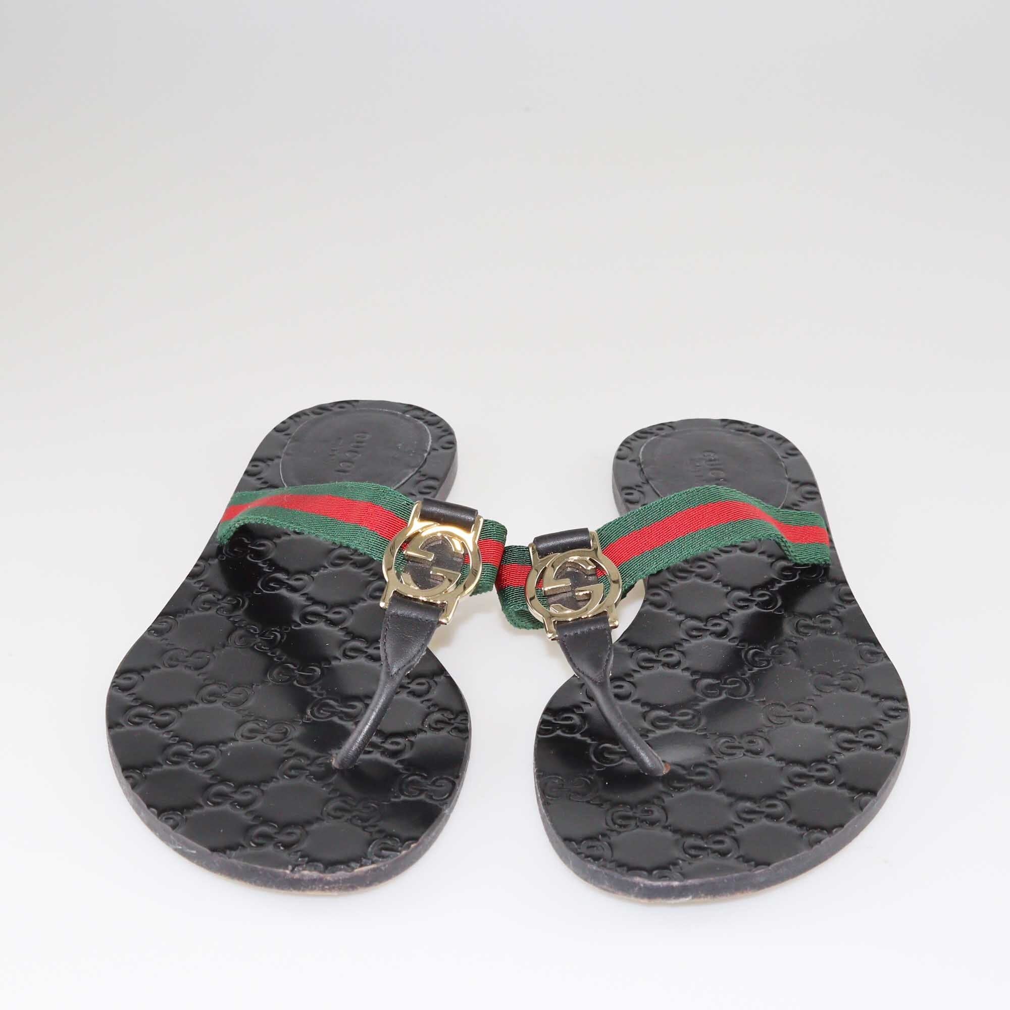 Gucci Black GG Web Thong Flat Sandals Shoes Gucci 