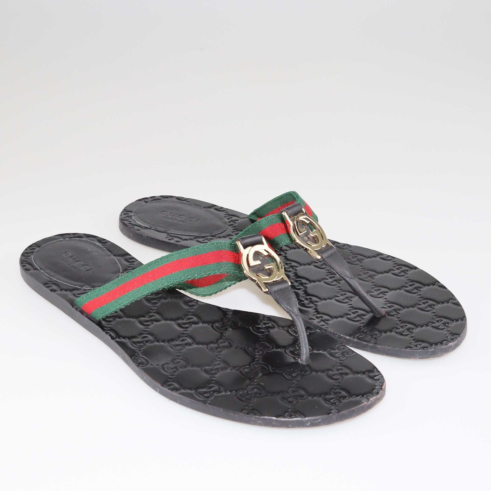 Gucci Black GG Web Thong Flat Sandals Shoes Gucci 