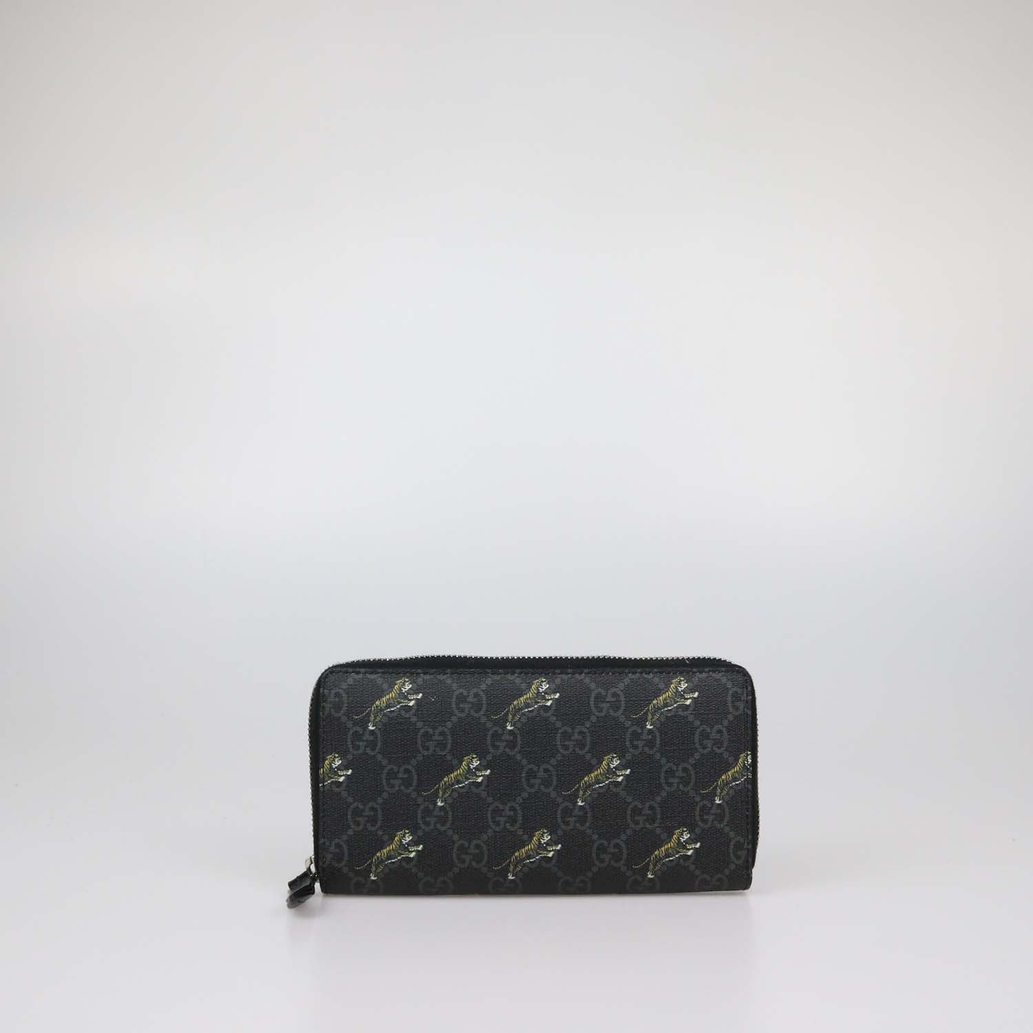 Gucci Black GG Supreme Canvas Tiger Print Zip Around Wallet
