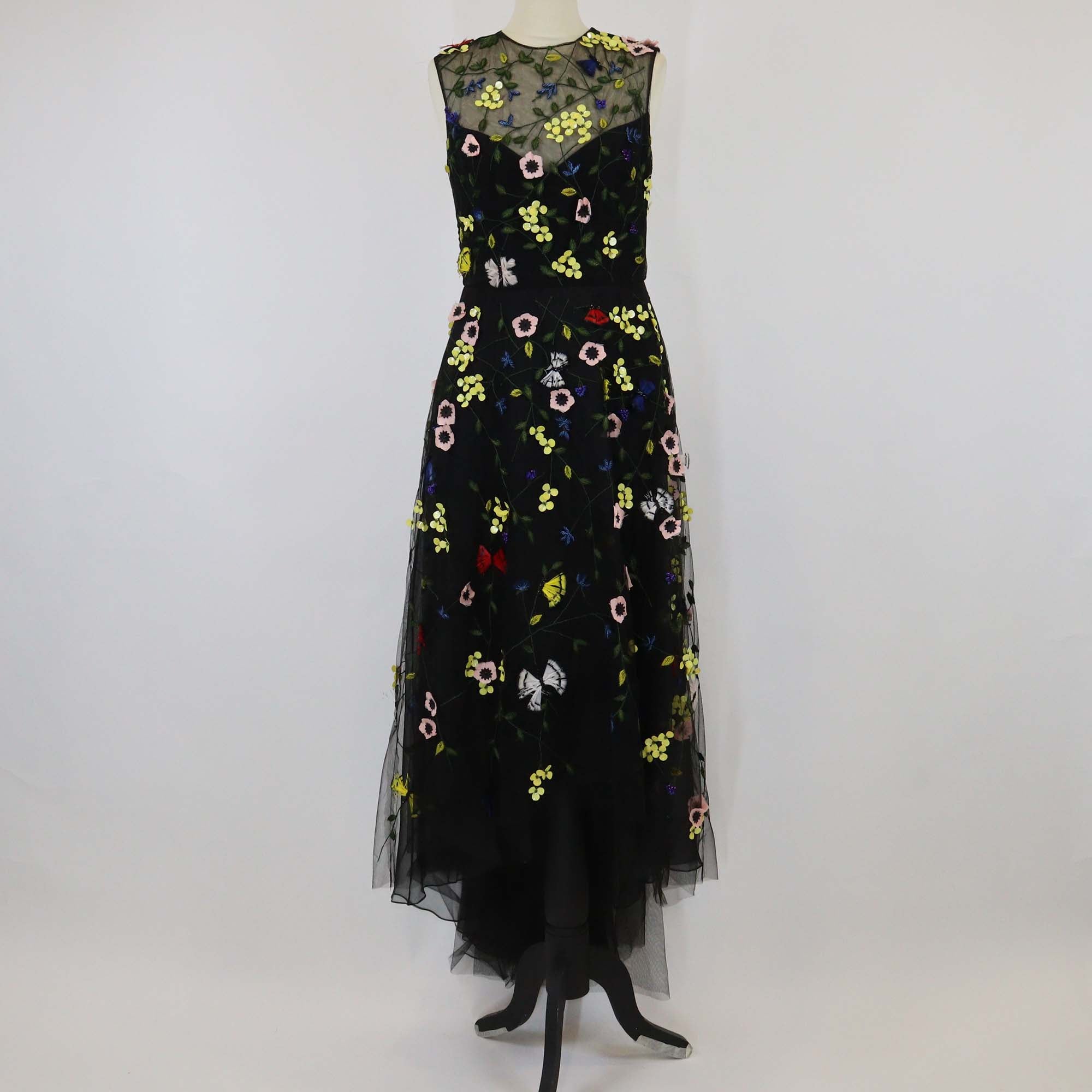 Monique Lhuillier Black Nylon Floral Applique Sleeveless Tulle Gown