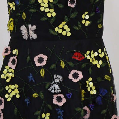 Monique Lhuillier Black Nylon Floral Applique Sleeveless Tulle Gown
