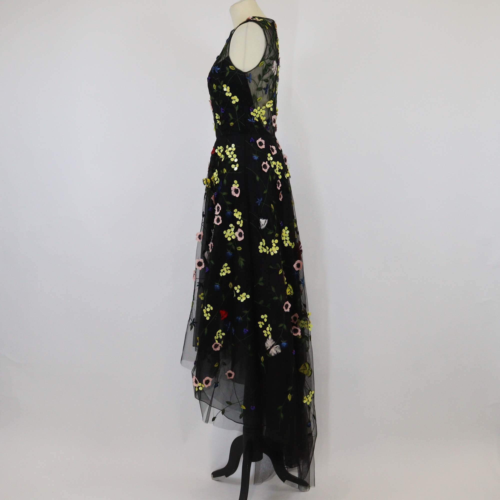 Monique Lhuillier Black Nylon Floral Applique Sleeveless Tulle Gown