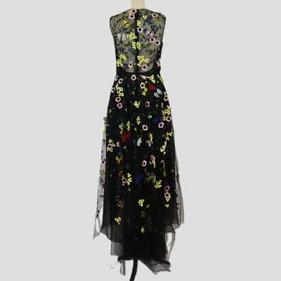 Monique Lhuillier Black Nylon Floral Applique Sleeveless Tulle Gown