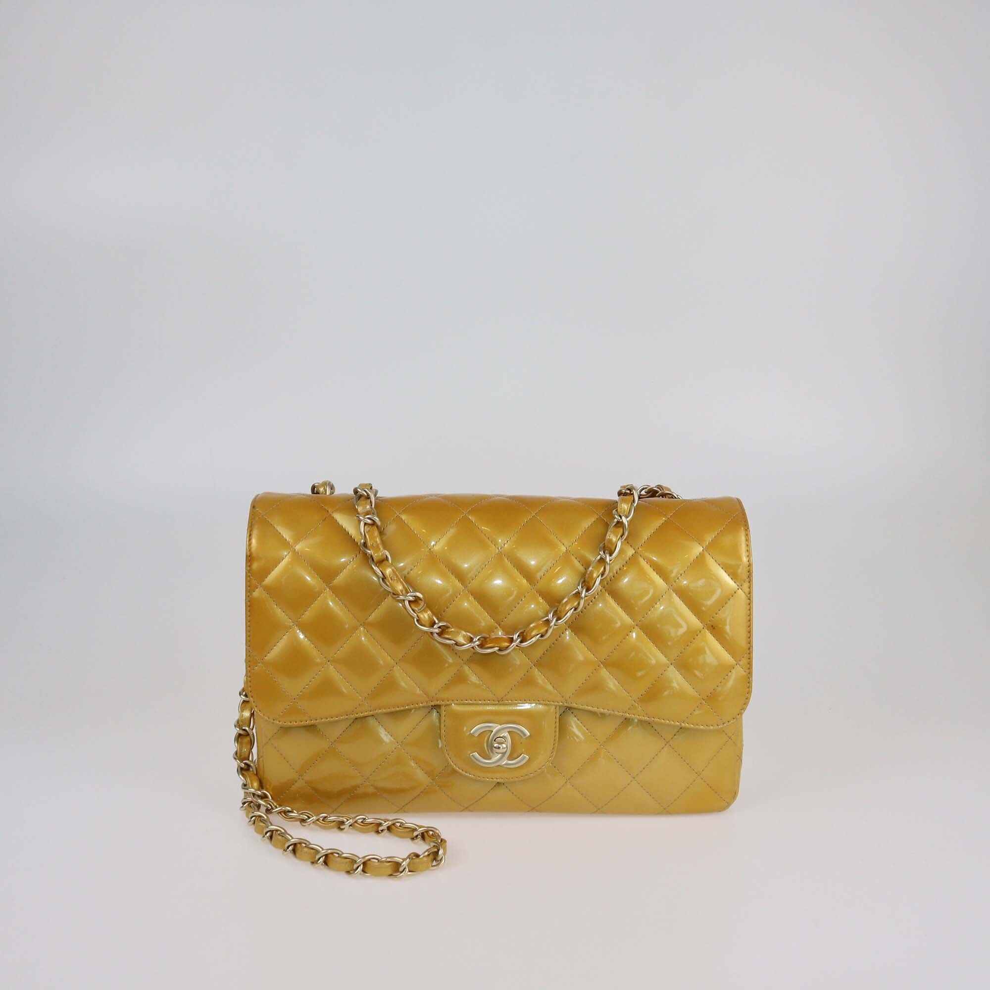 Chanel Gold Quilted Patent Leather Jumbo Classic Single Flap Bag Womens Chanel 