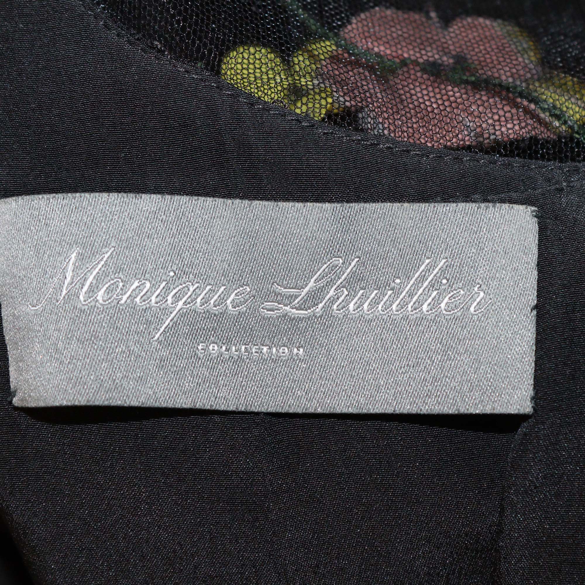 Monique Lhuillier Black Nylon Floral Applique Sleeveless Tulle Gown