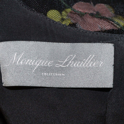 Monique Lhuillier Black Nylon Floral Applique Sleeveless Tulle Gown