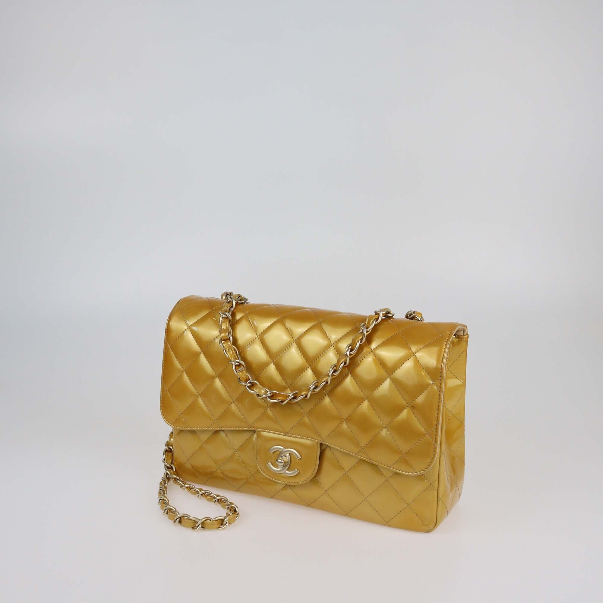 Chanel Gold Quilted Patent Leather Jumbo Classic Single Flap Bag Womens Chanel 