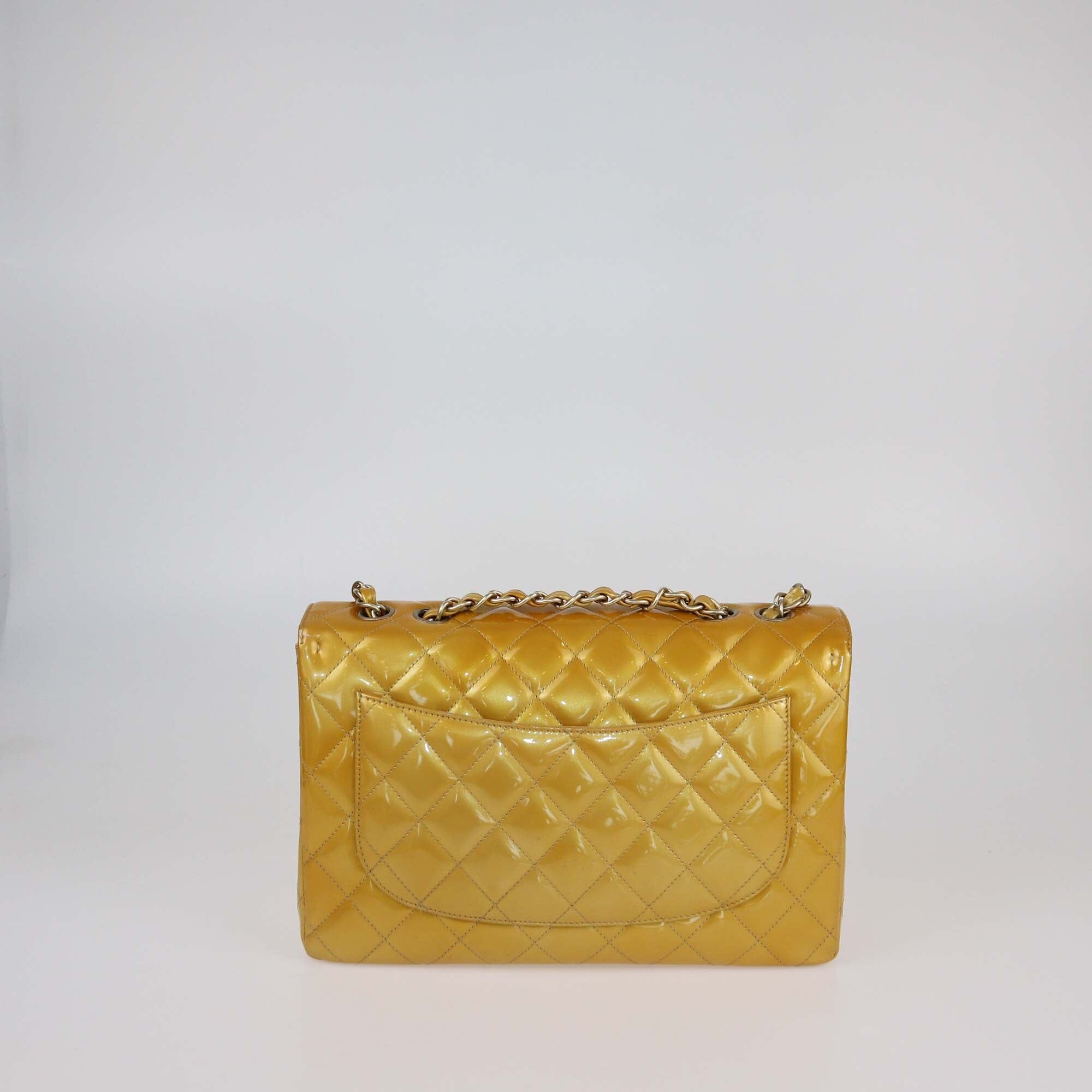 Chanel Gold Quilted Patent Leather Jumbo Classic Single Flap Bag Womens Chanel 