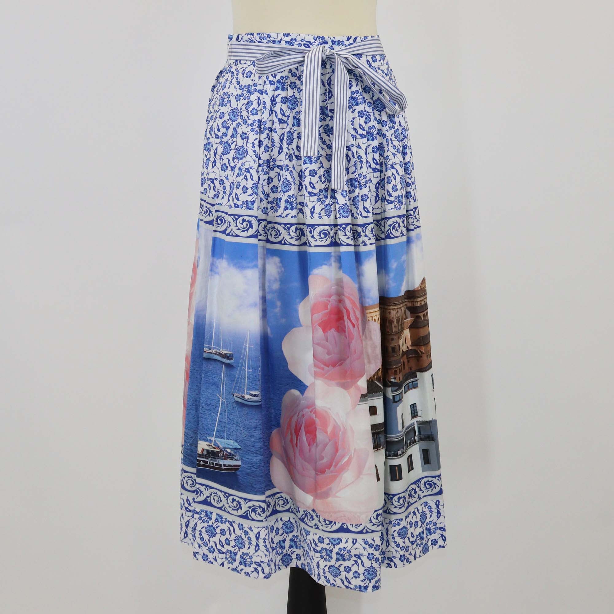 Weekend Max Mara Blue Cotton Greek Islands Floral Print Midi Skirt