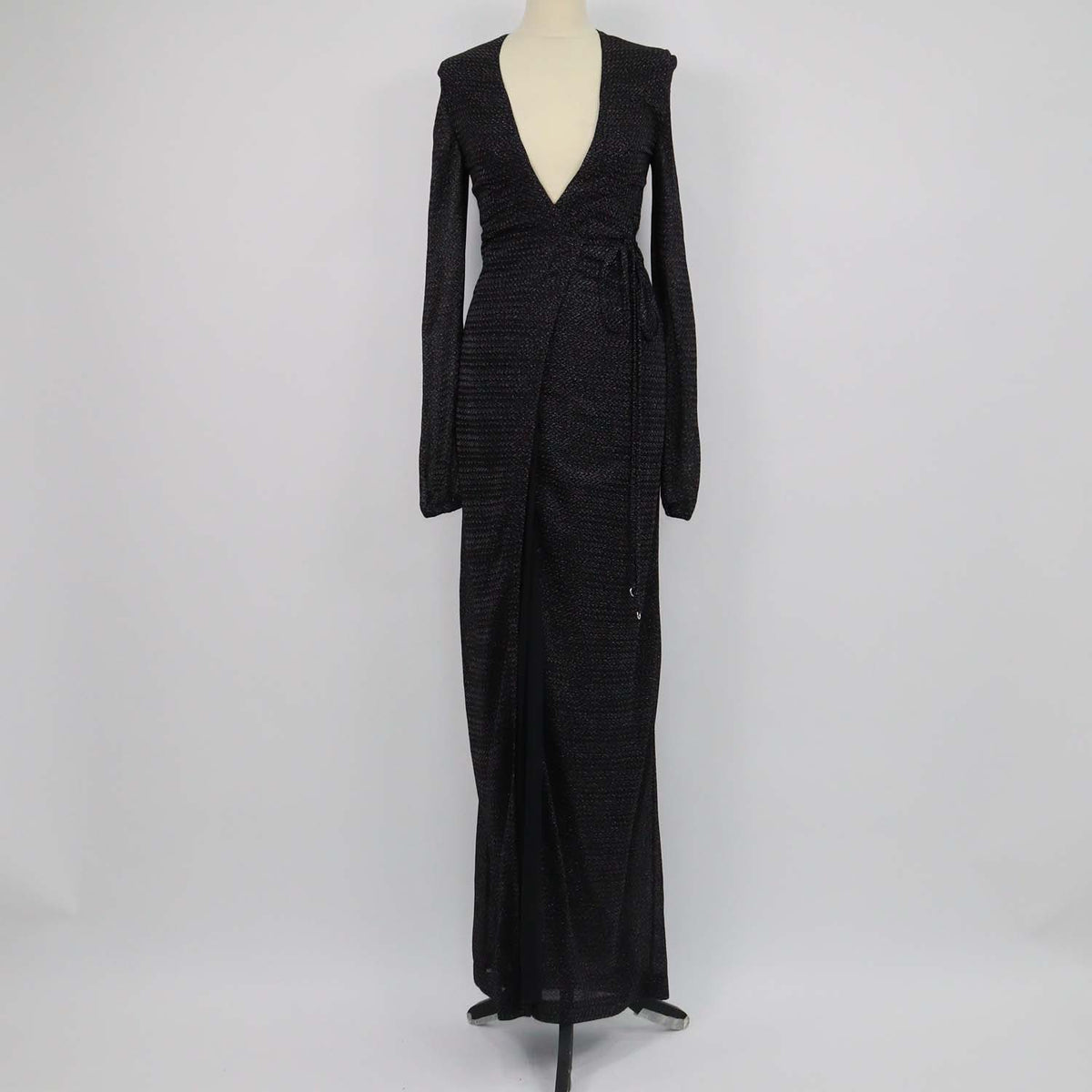 Missoni Black Viscose and Metallic Fabric Zigzag Pattern Wrap Long Sleeve Maxi Dress