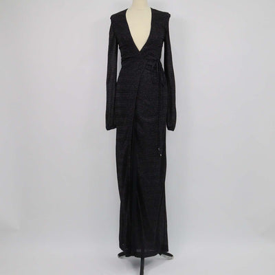 Missoni Black Viscose and Metallic Fabric Zigzag Pattern Wrap Long Sleeve Maxi Dress