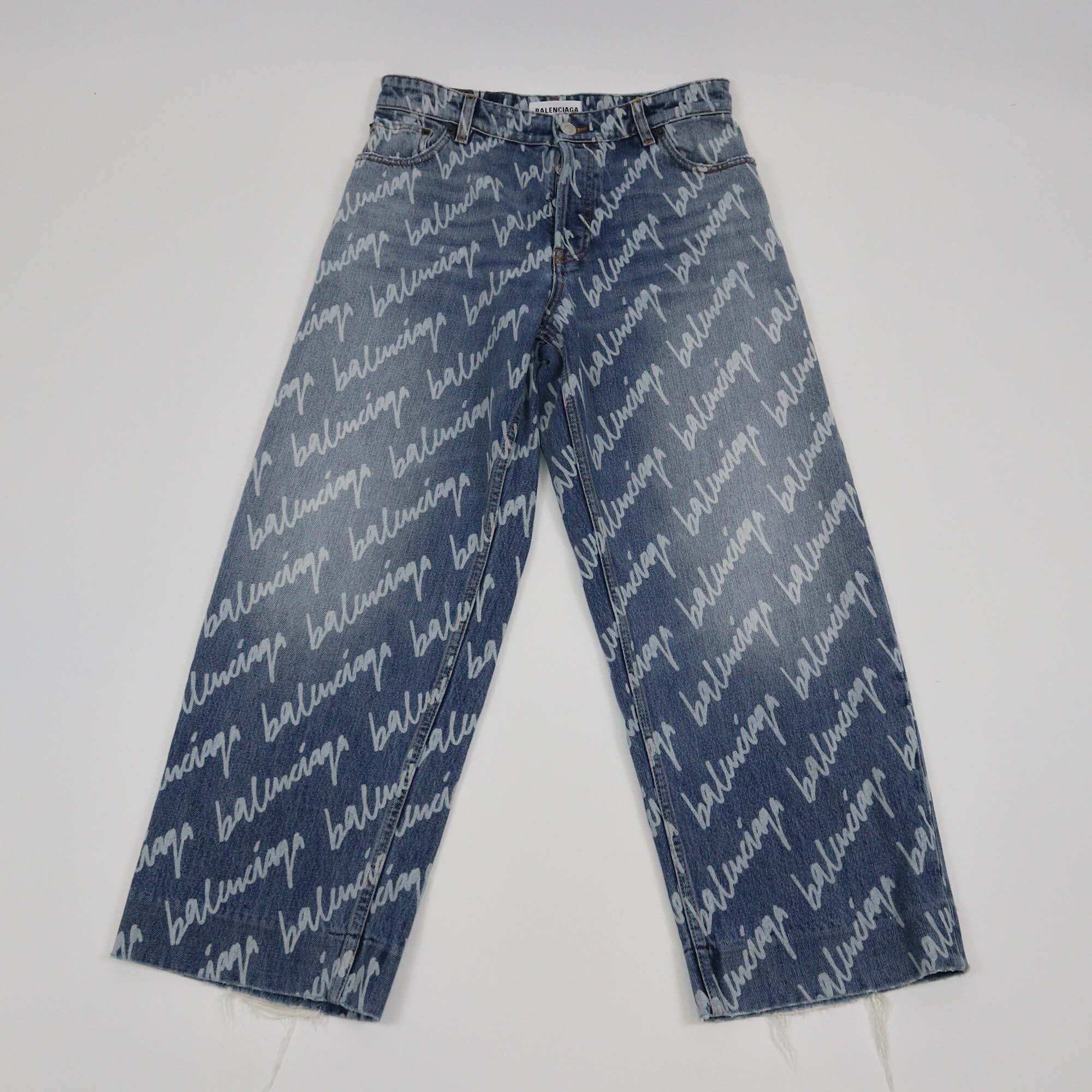 Balenciaga Blue Denim Logo Print High Waist Wide Leg Pants Womens Balenciaga 