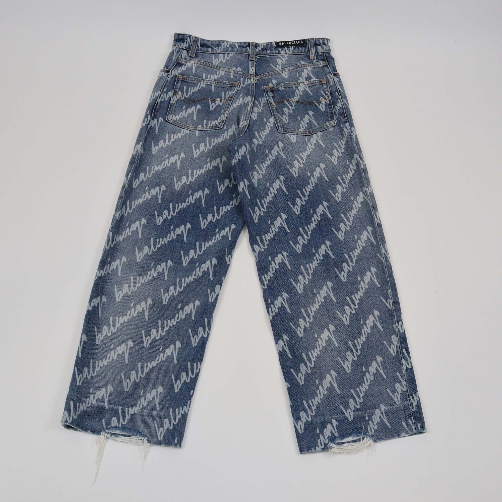 Balenciaga Blue Denim Logo Print High Waist Wide Leg Pants Womens Balenciaga 