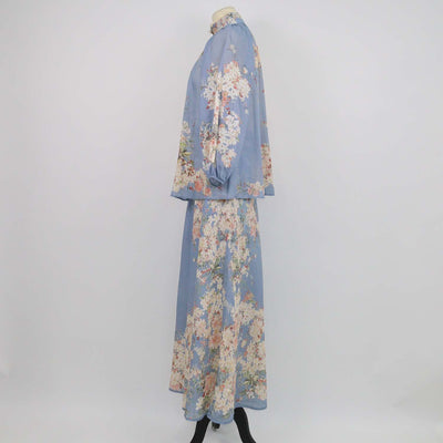 Zimmermann Blue Floral Print Ramie Cascadian Bias Blouse and Skirt Set