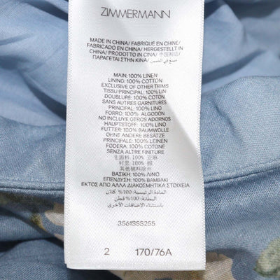 Zimmermann Blue Floral Print Ramie Cascadian Bias Blouse and Skirt Set