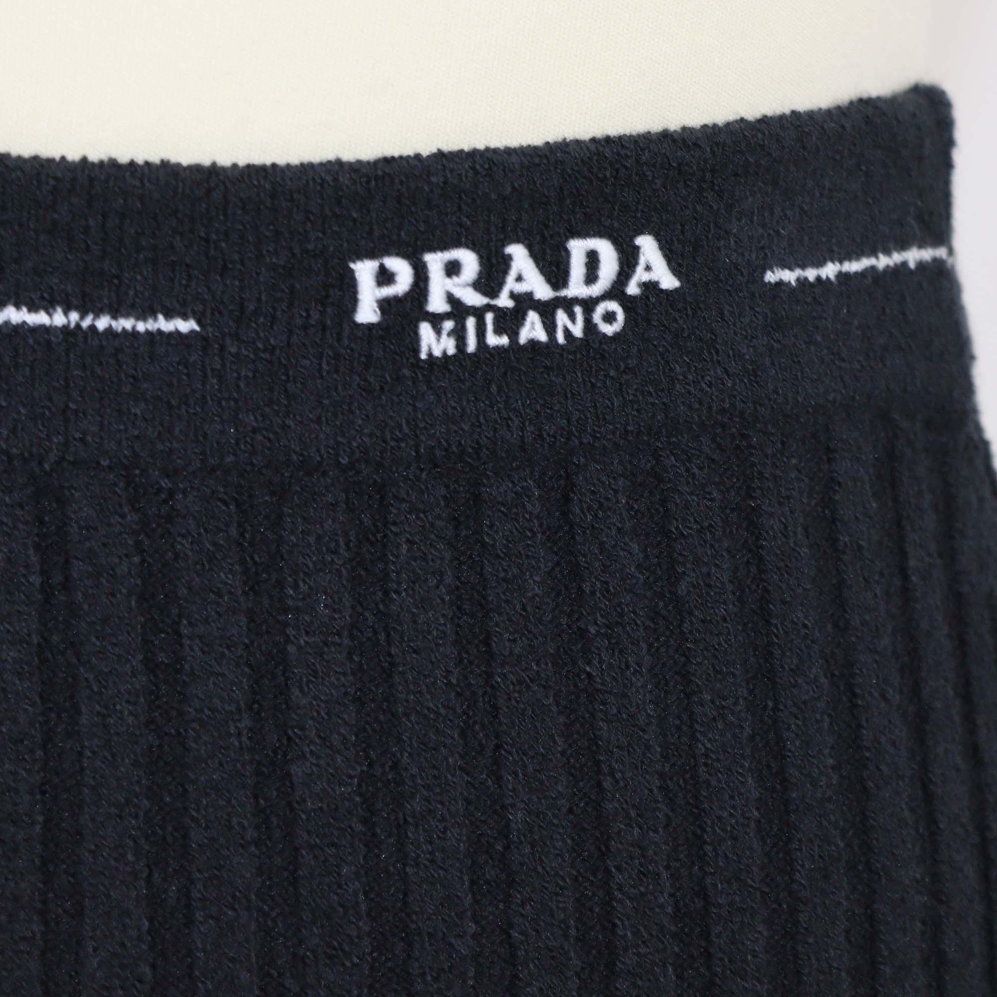 Prada Cotton Blended Knit Logo Embroidered Ribbed Midi Skirt