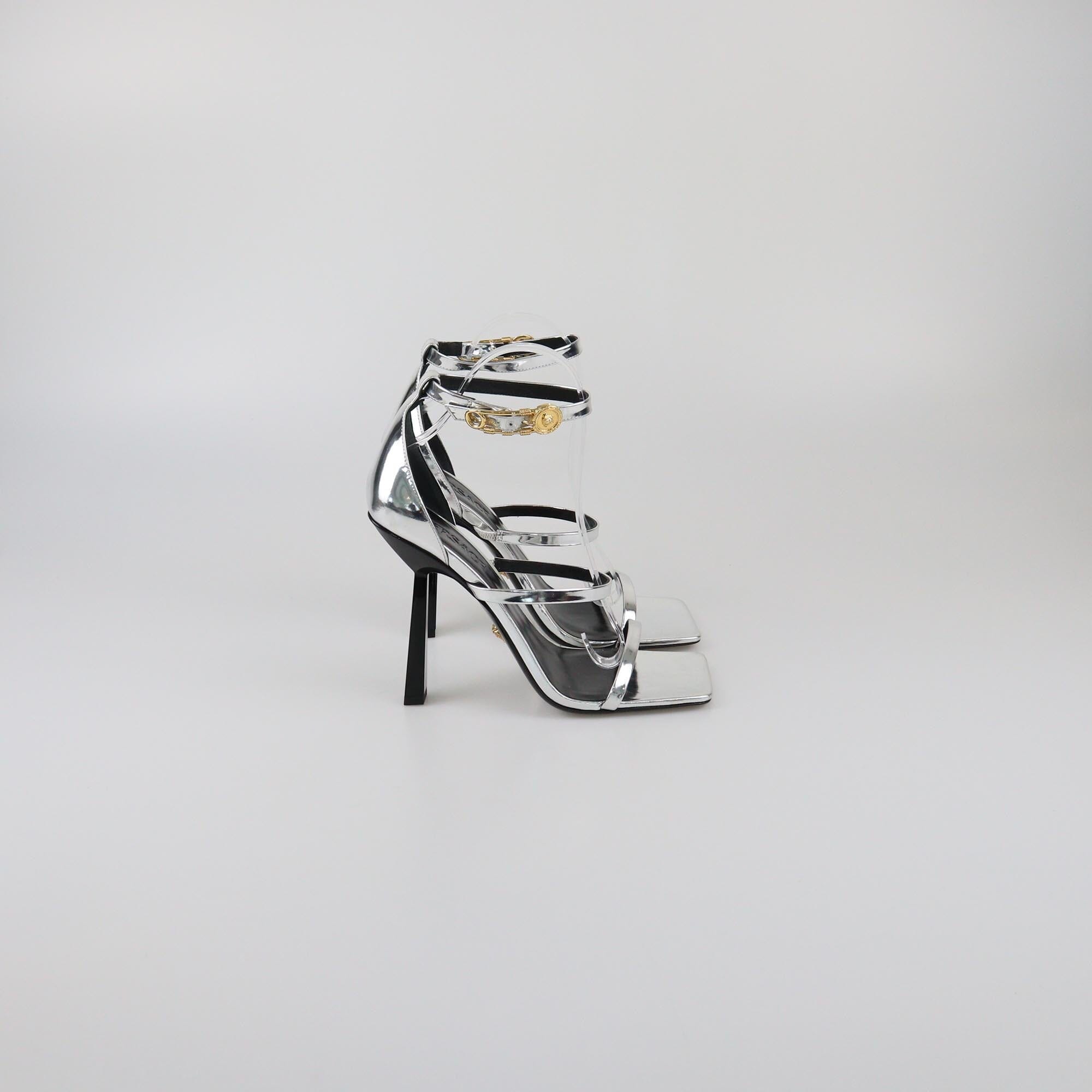 Versace Silver Safety Pin Ankle Strap Sandals Womens Versace 
