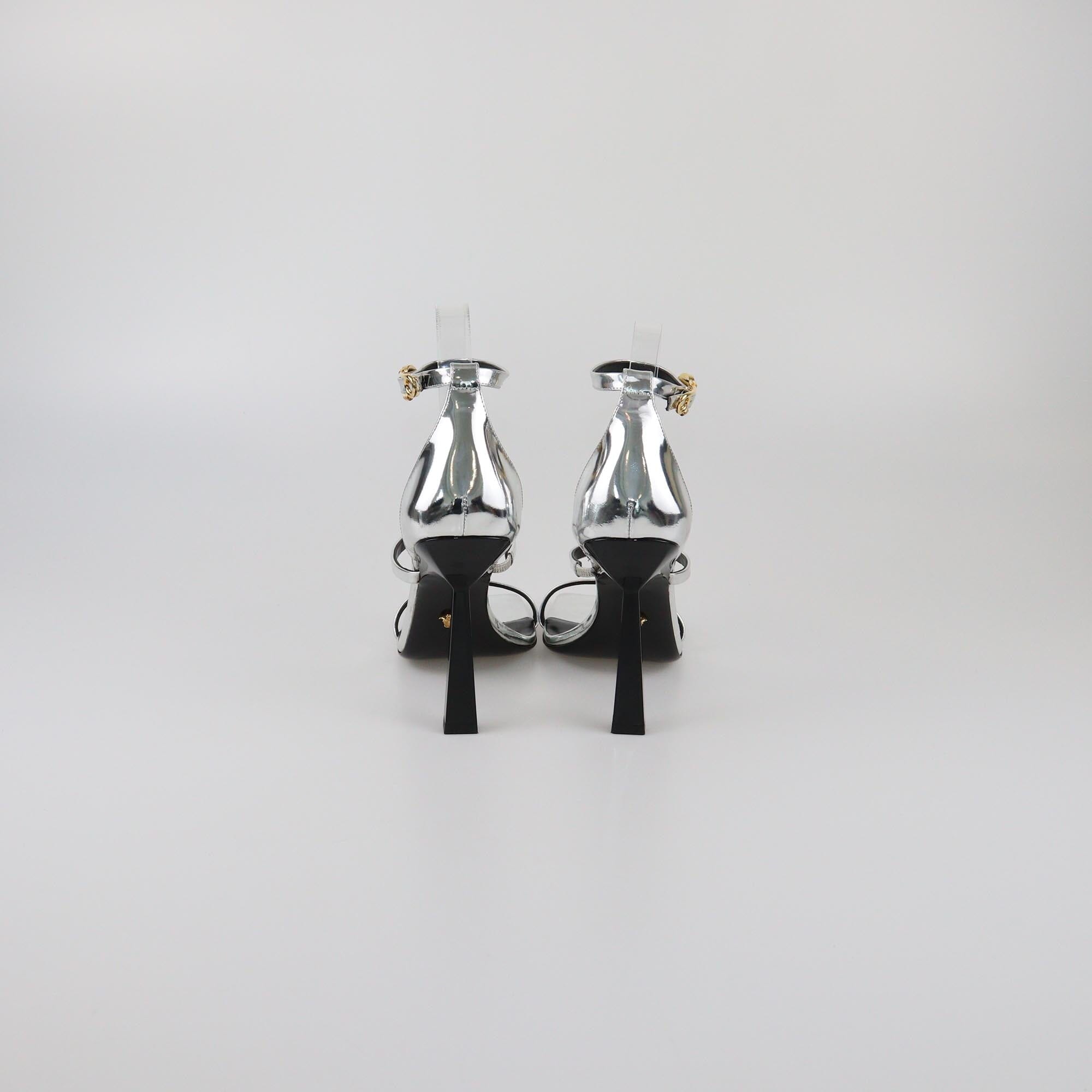 Versace Silver Safety Pin Ankle Strap Sandals Womens Versace 