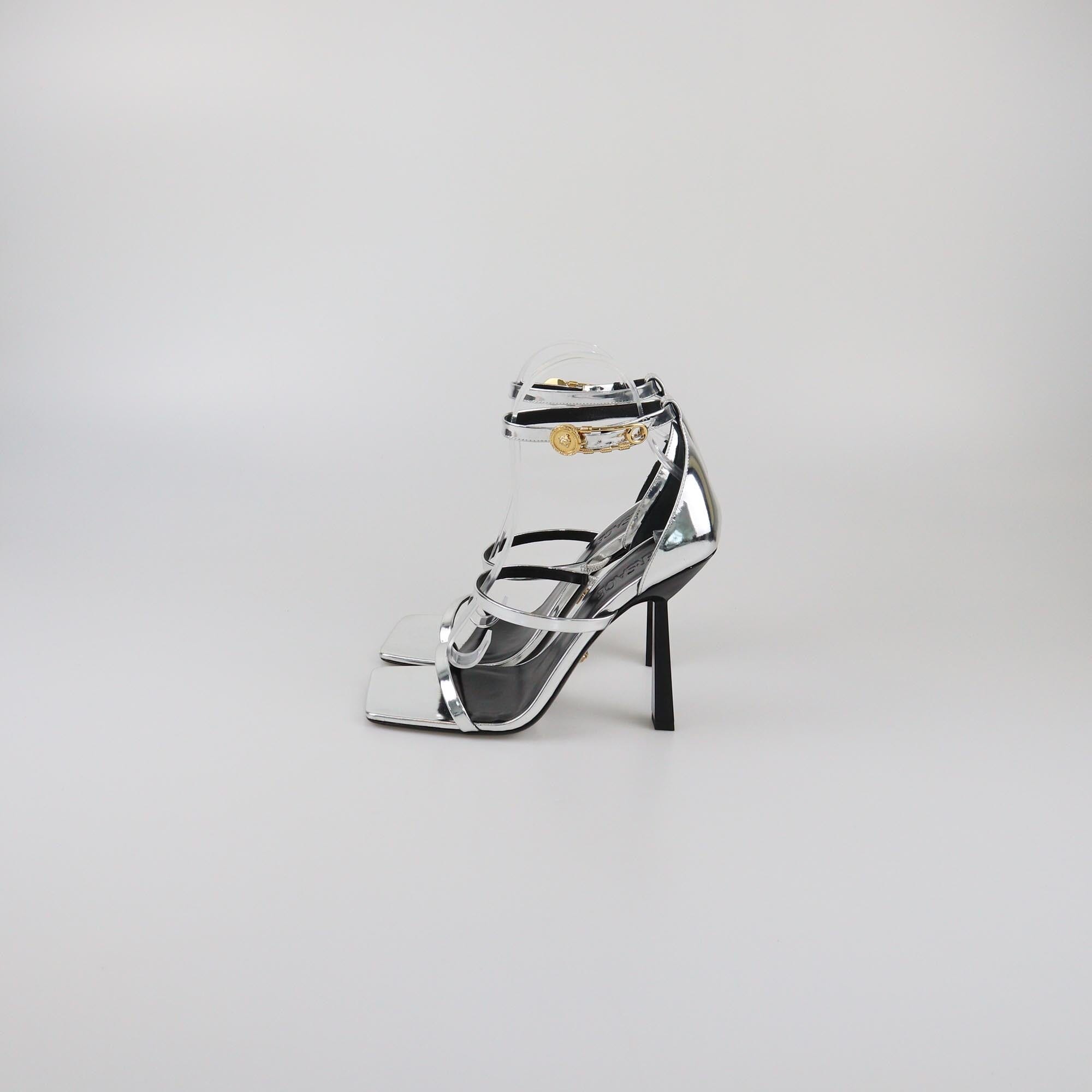 Versace Silver Safety Pin Ankle Strap Sandals Womens Versace 