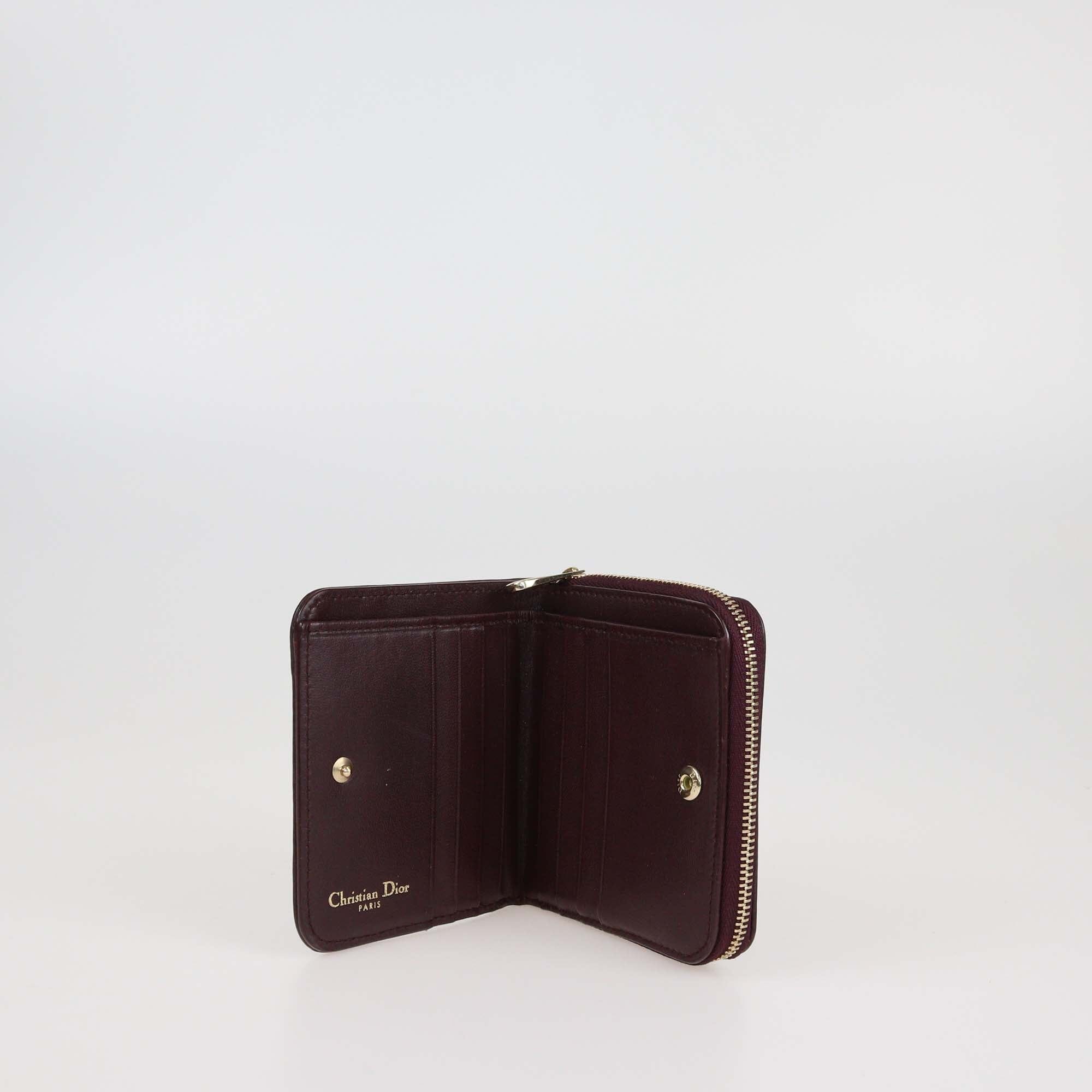 Christian Dior Burgundy Cannage Leather Diorama Zip Compact Wallet Womens Christian Dior 