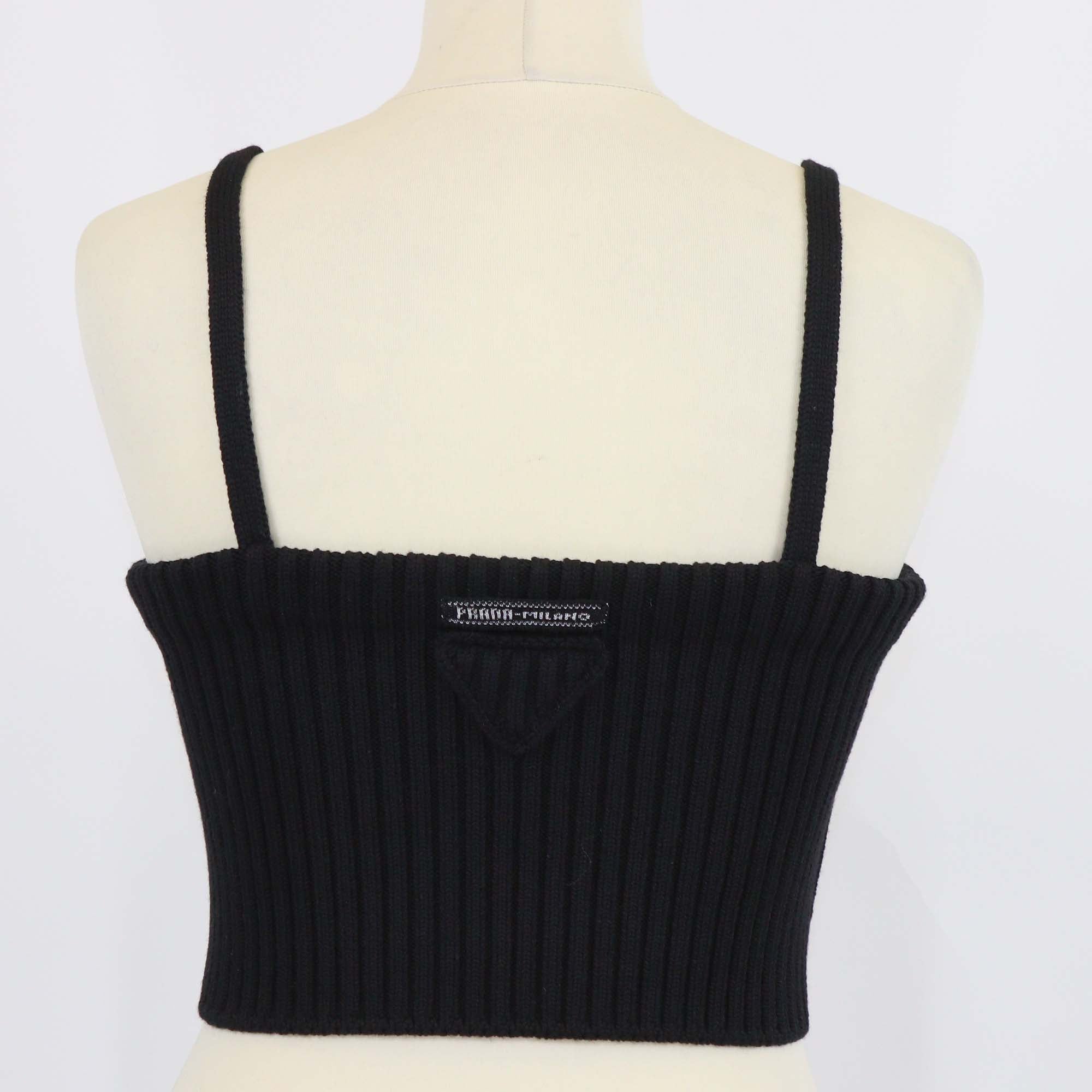 Prada Black Wool Blended Knit Spaghetti Strap Crop Top