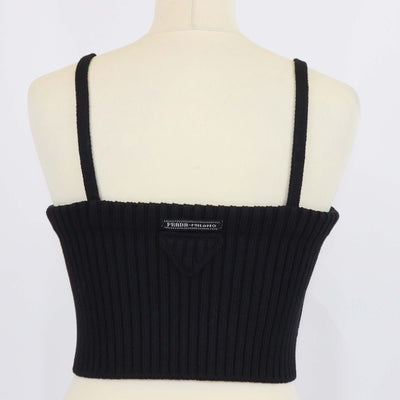 Prada Black Wool Blended Knit Spaghetti Strap Crop Top