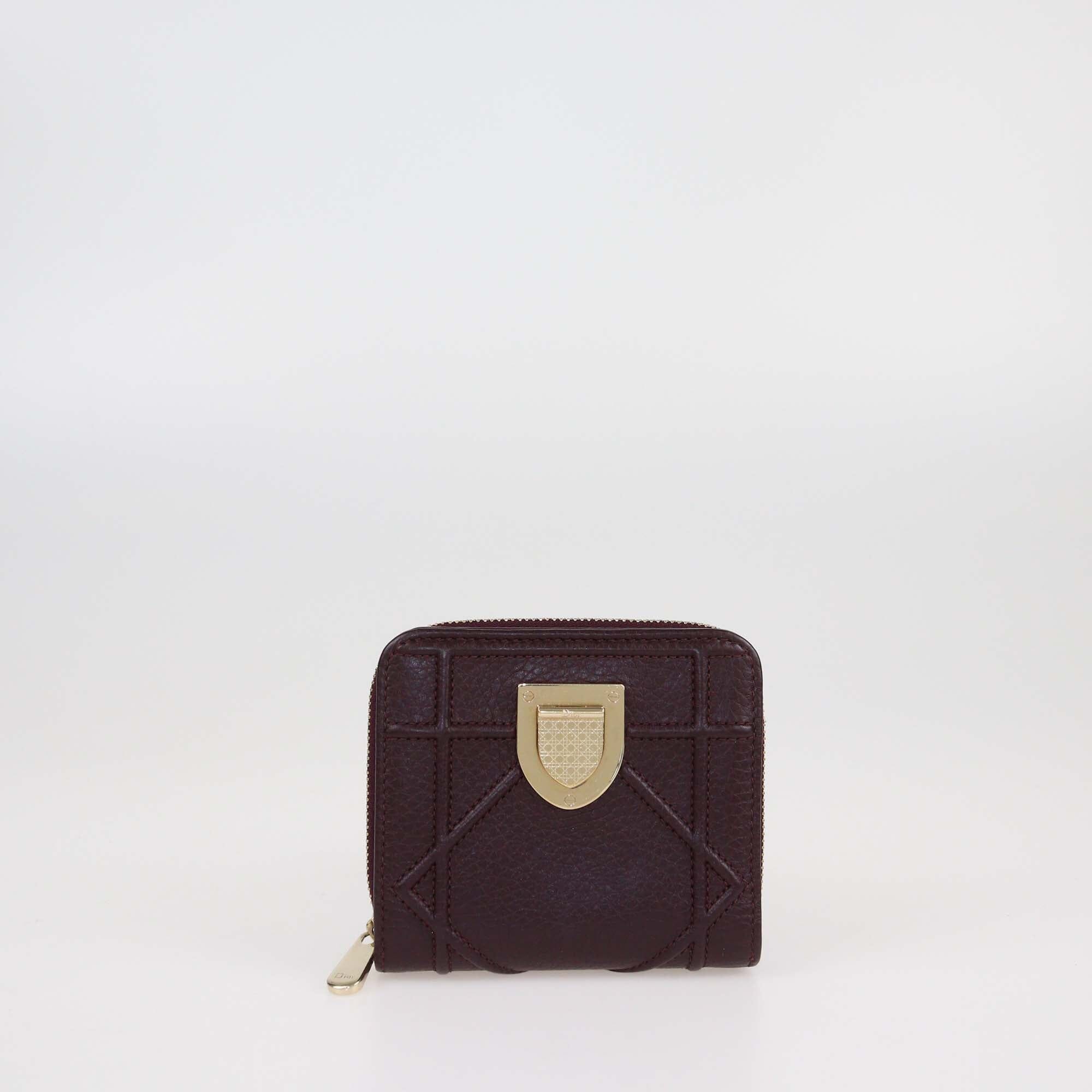 Christian Dior Burgundy Cannage Leather Diorama Zip Compact Wallet Womens Christian Dior 