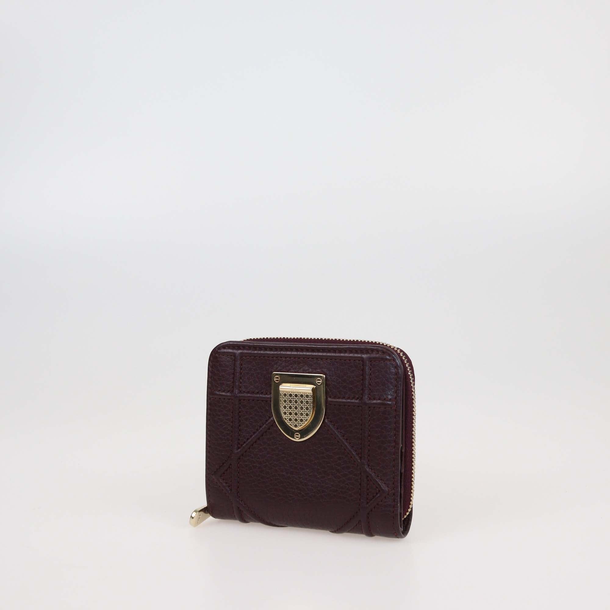 Christian Dior Burgundy Cannage Leather Diorama Zip Compact Wallet Womens Christian Dior 