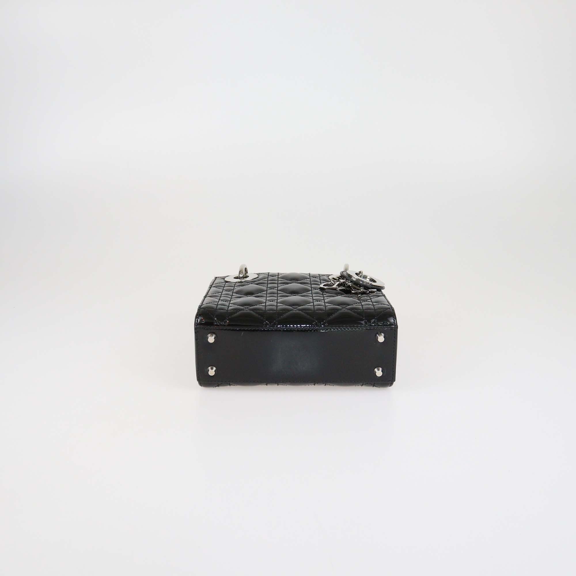 Christian Dior Black Cannage Patent Leather Mini Lady Dior Tote