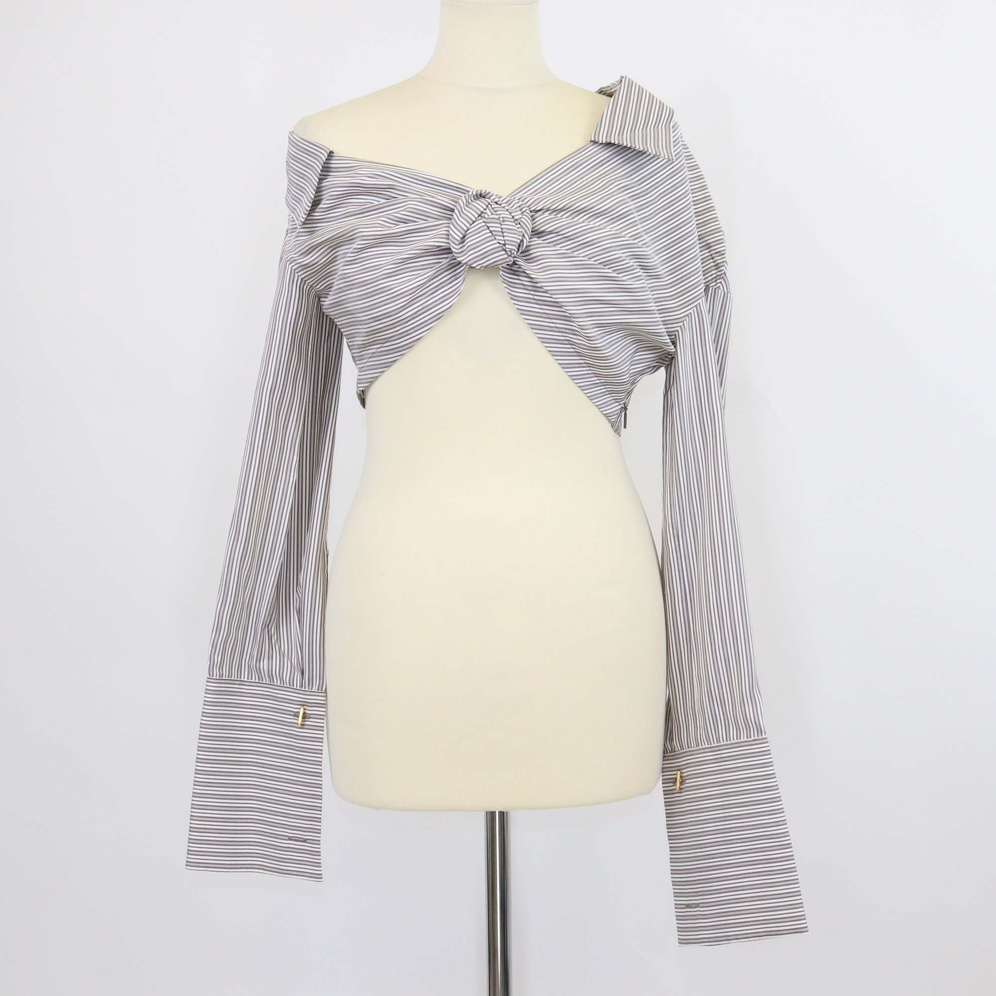 Fendi White/Grey Silk Striped Crop Top