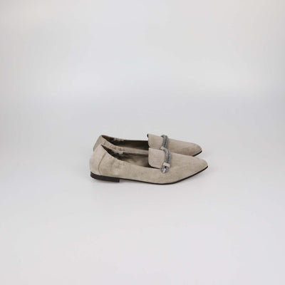 Brunello Cucinelli Grey Suede Embellished Pointed Toe Loafers