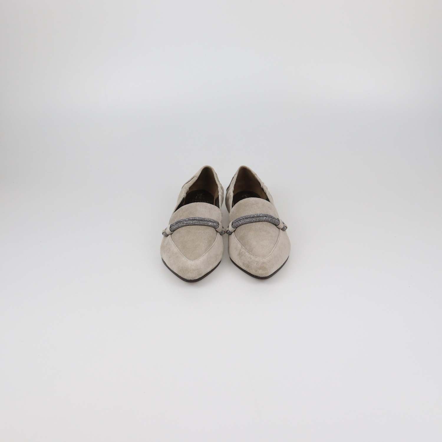 Brunello Cucinelli Grey Suede Embellished Pointed Toe Loafers