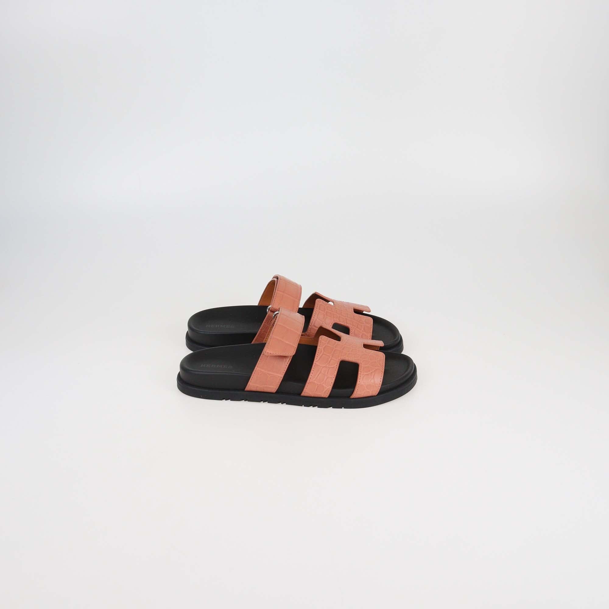 Hermes Rose Bois De Santal Alligator Chypre Flat Sandals Womens Hermes 