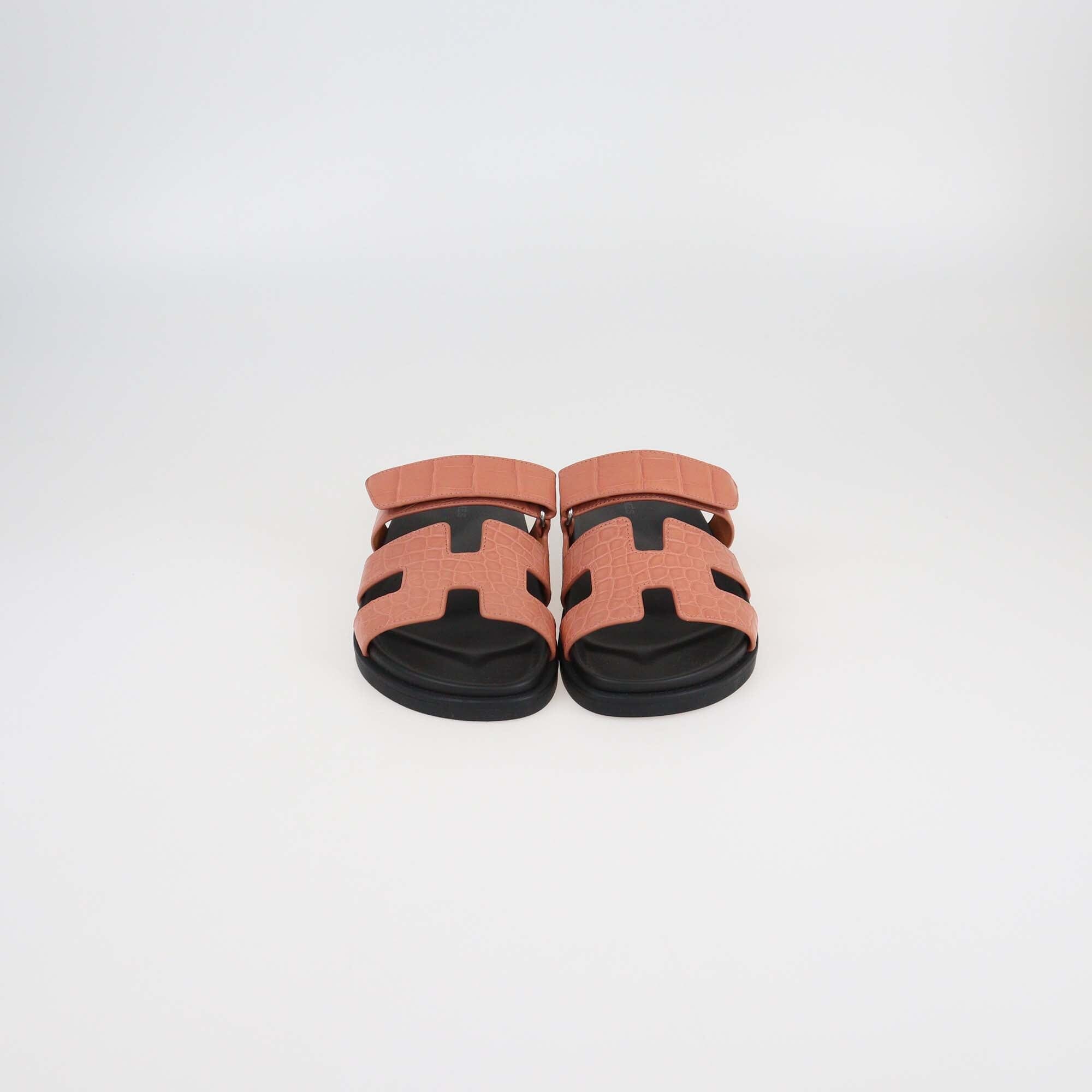 Hermes Rose Bois De Santal Alligator Chypre Flat Sandals Womens Hermes 