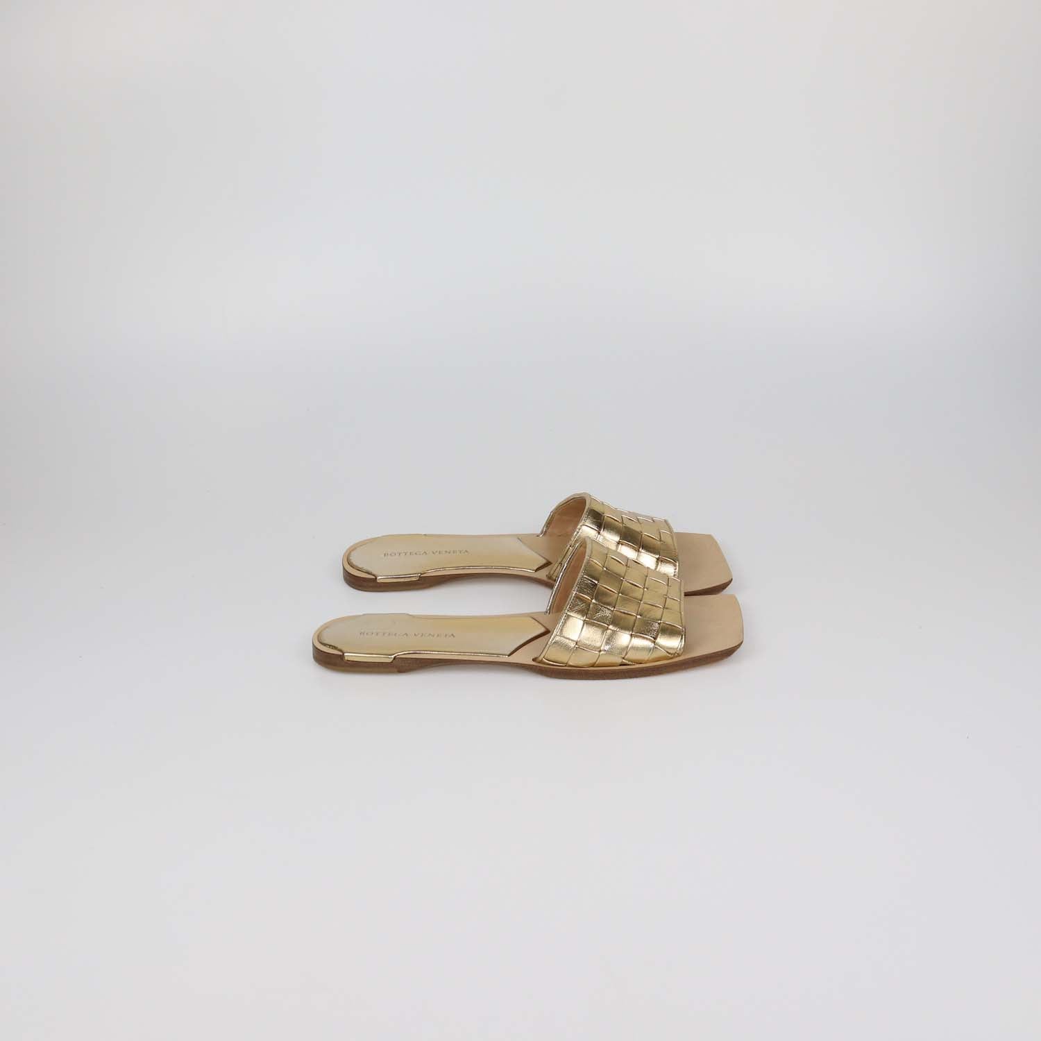Bottega Veneta Gold Intreccio Leather Square Toe Flat Sandals