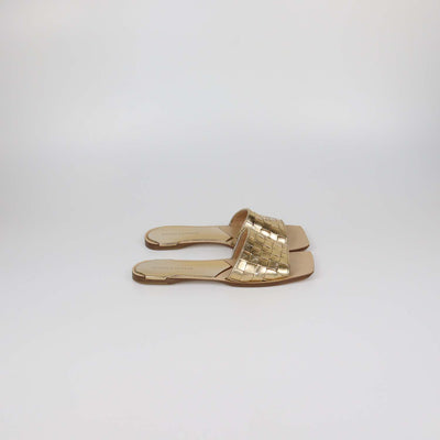 Bottega Veneta Gold Intreccio Leather Square Toe Flat Sandals