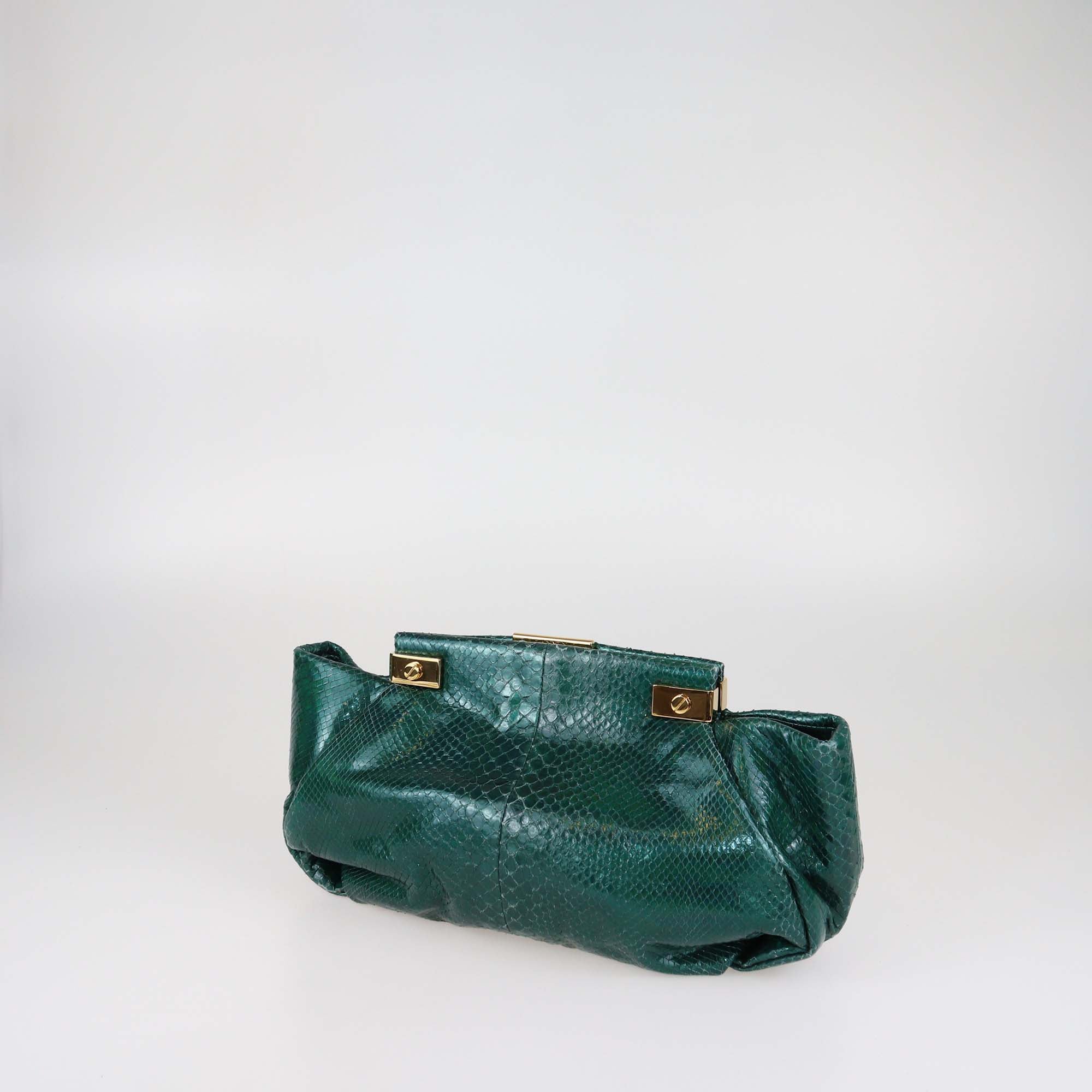 Lanvin Metallic Green Python Frame Clutch