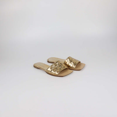 Bottega Veneta Gold Intreccio Leather Square Toe Flat Sandals