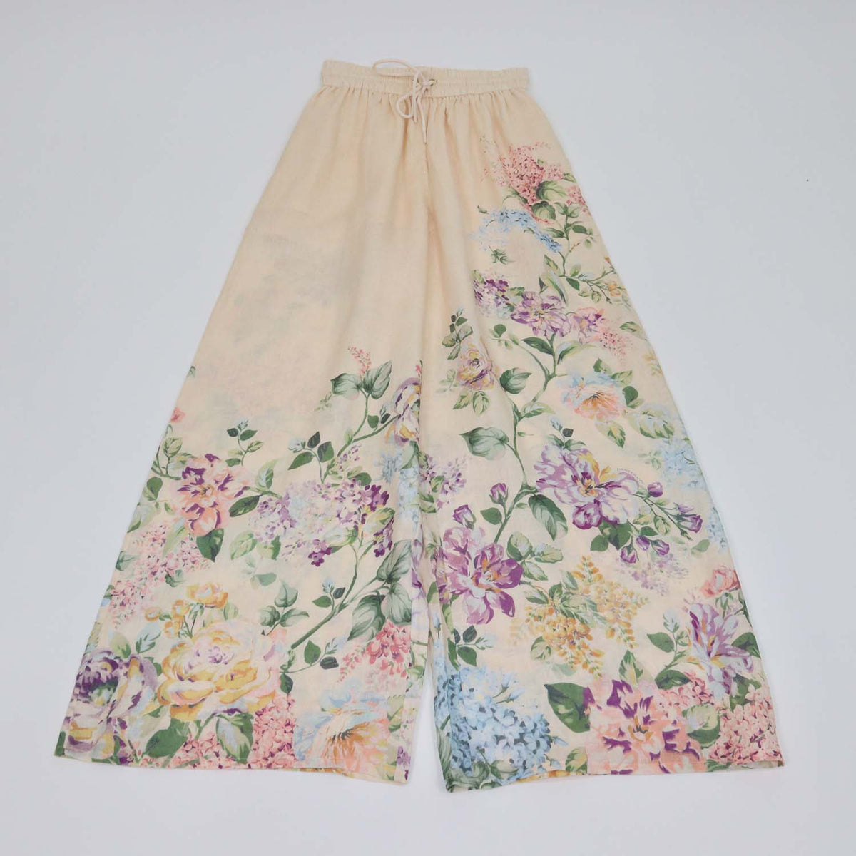 Zimmermann Light Beige Multicolor Linen Floral Print Halliday Wide Leg Pants