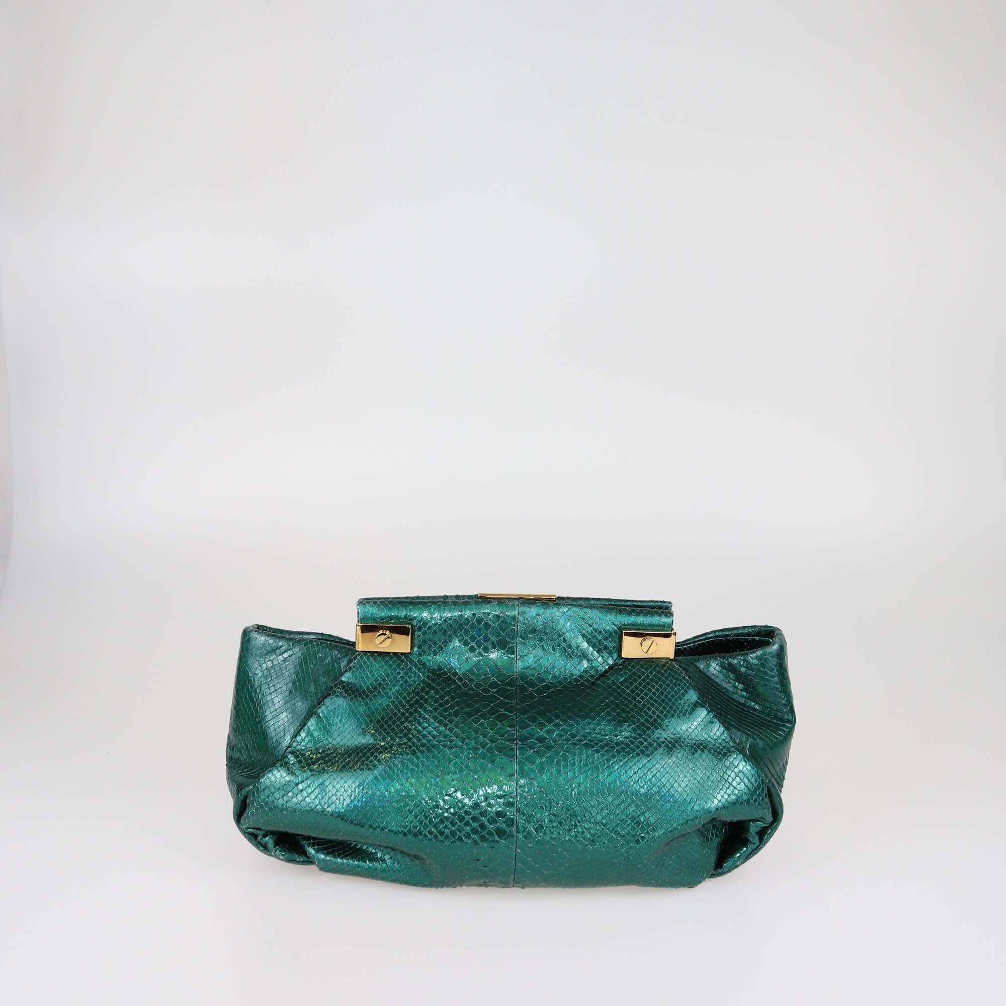 Lanvin Metallic Green Python Frame Clutch