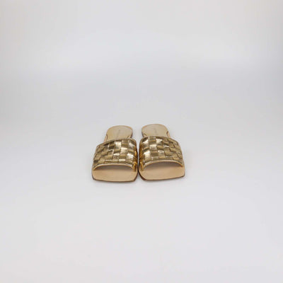 Bottega Veneta Gold Intreccio Leather Square Toe Flat Sandals