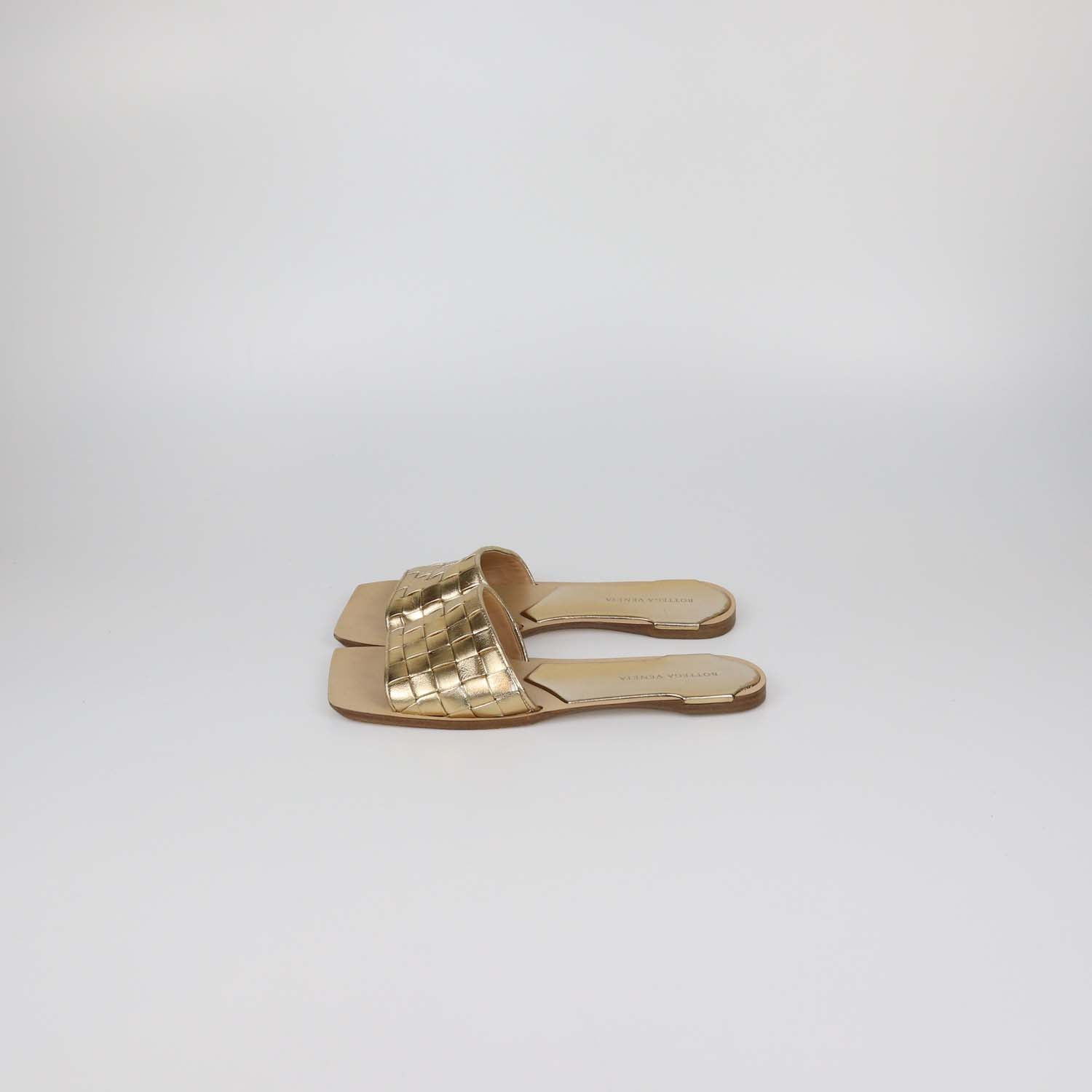 Bottega Veneta Gold Intreccio Leather Square Toe Flat Sandals
