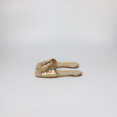 Bottega Veneta Gold Intreccio Leather Square Toe Flat Sandals