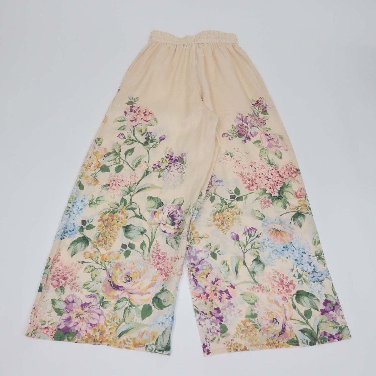 Zimmermann Light Beige Multicolor Linen Floral Print Halliday Wide Leg Pants