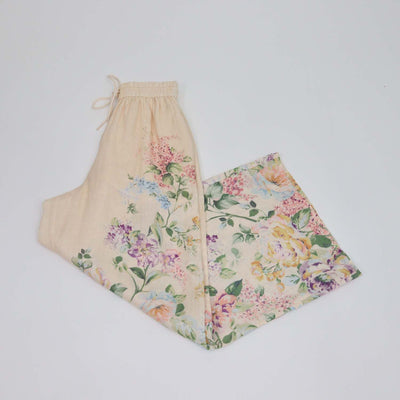 Zimmermann Light Beige Multicolor Linen Floral Print Halliday Wide Leg Pants