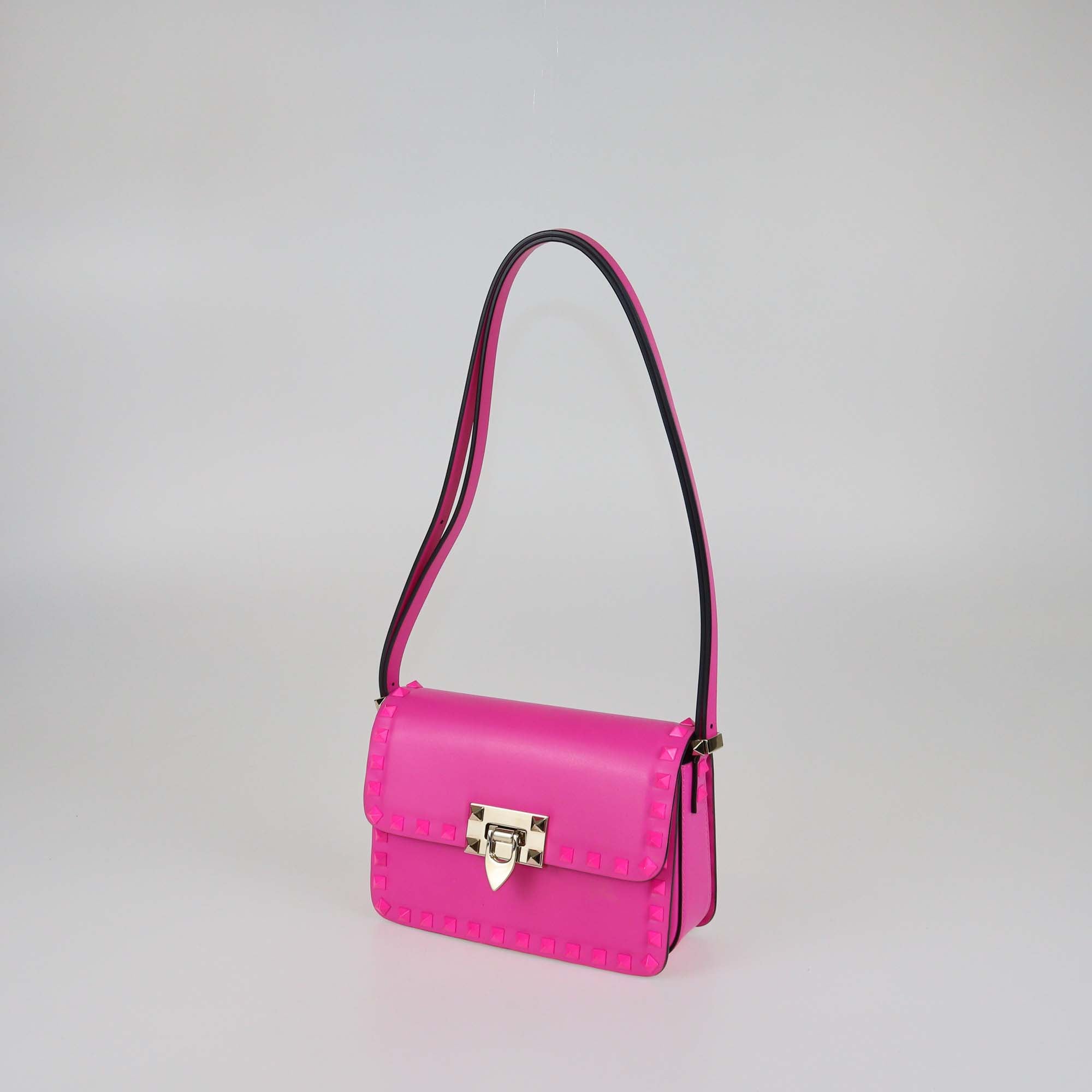 Valentino Neon Pink Leather Rockstud Flap Shoulder Bag