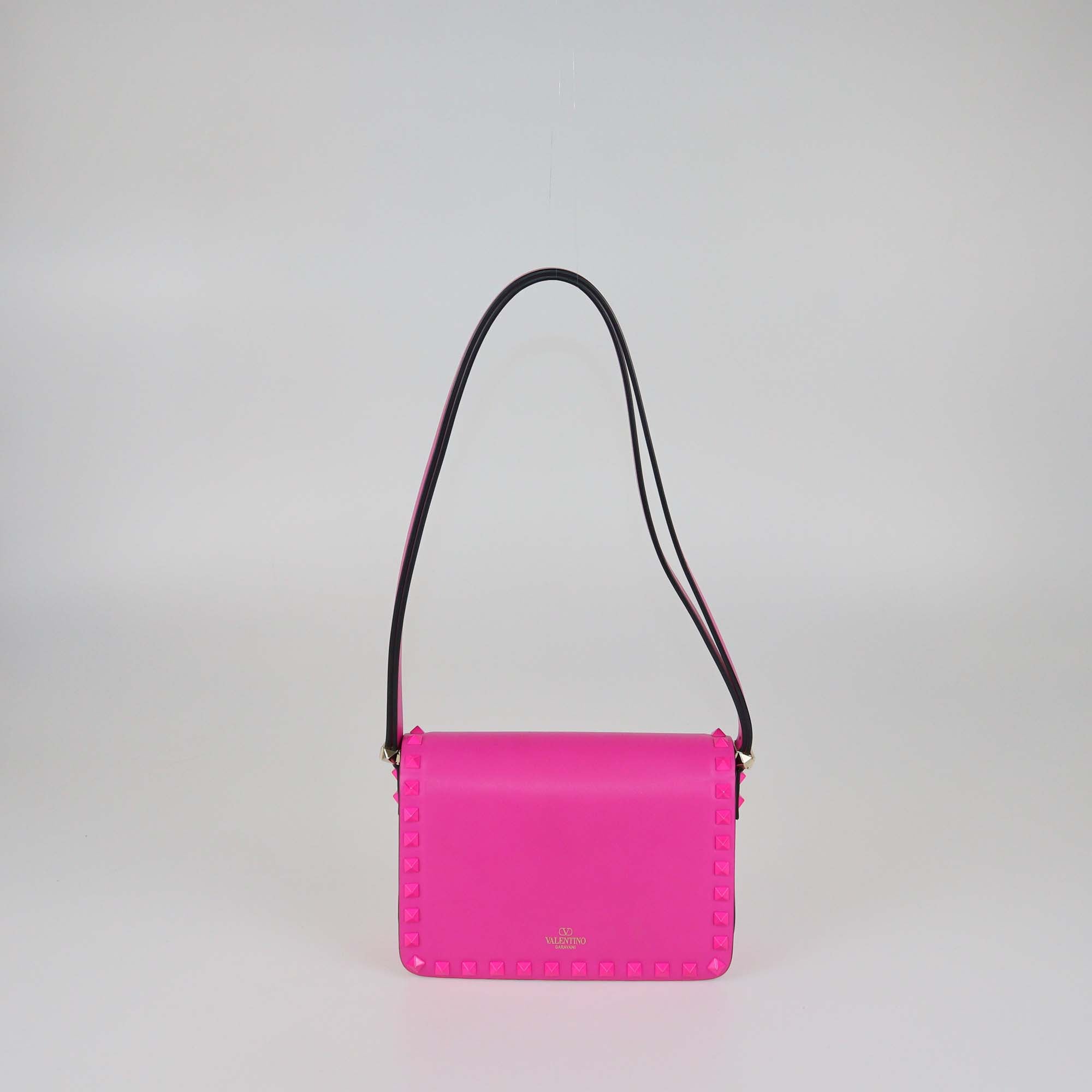 Valentino Neon Pink Leather Rockstud Flap Shoulder Bag